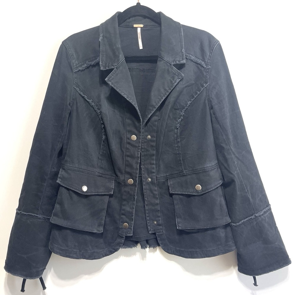 Free People Black Utility Jacket Raw Edge Frayed Moto Boho Snap Front Women's S
